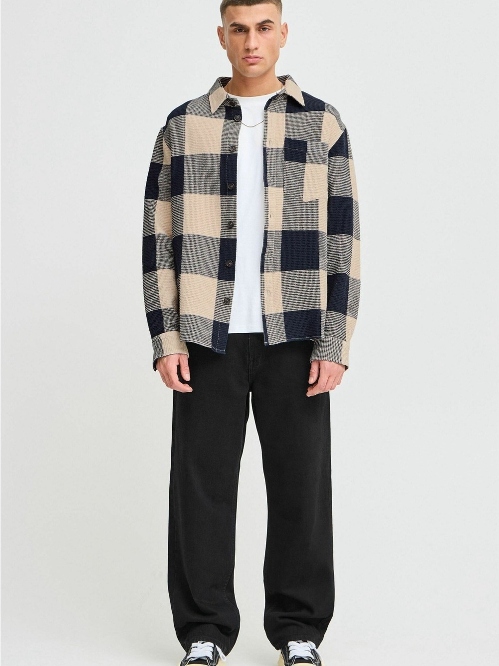 Solid Men’s Navy and Cream Check Button-Down Shirt